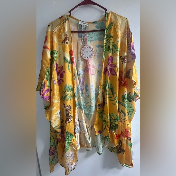Umgee Other - Unknown Brand Yellow Tropical Floral Swim Cover-Up Kimono
